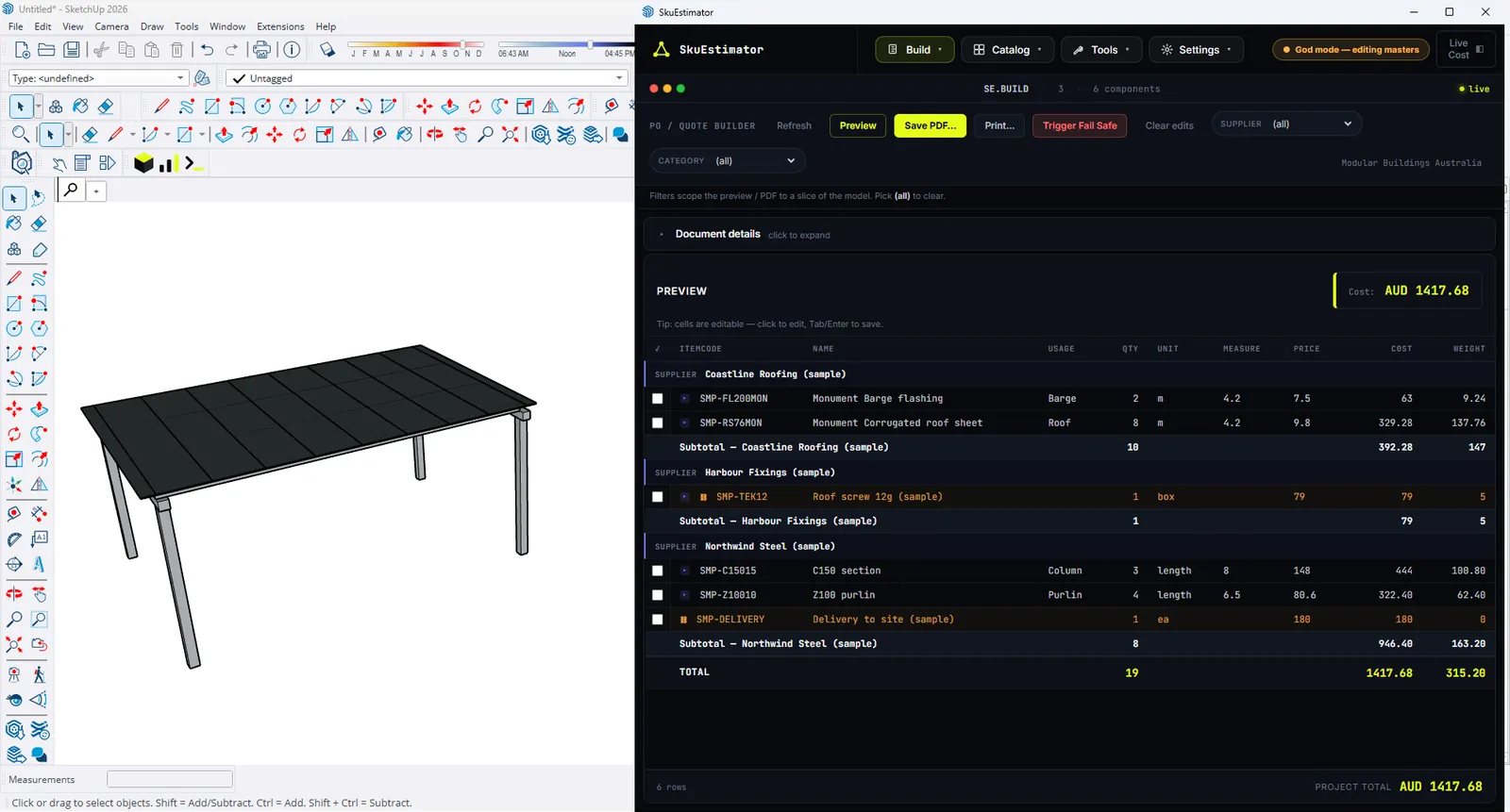 SkuEstimator Build tab beside a SketchUp model, rows grouped by supplier with subtotals and a total of AUD 1,417.68