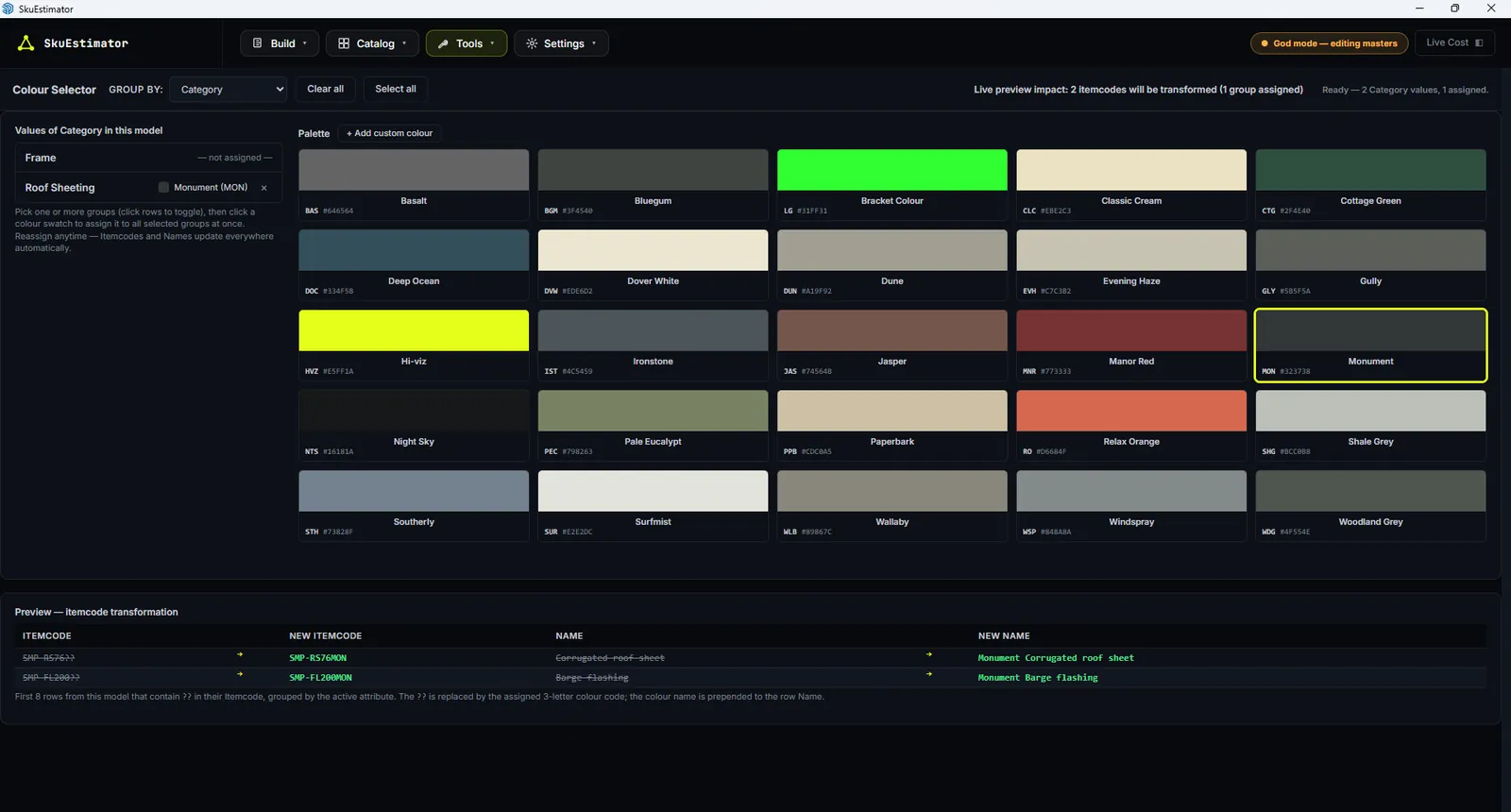 Colour Selector with categories on the left, a palette of swatches and a preview of itemcodes being resolved