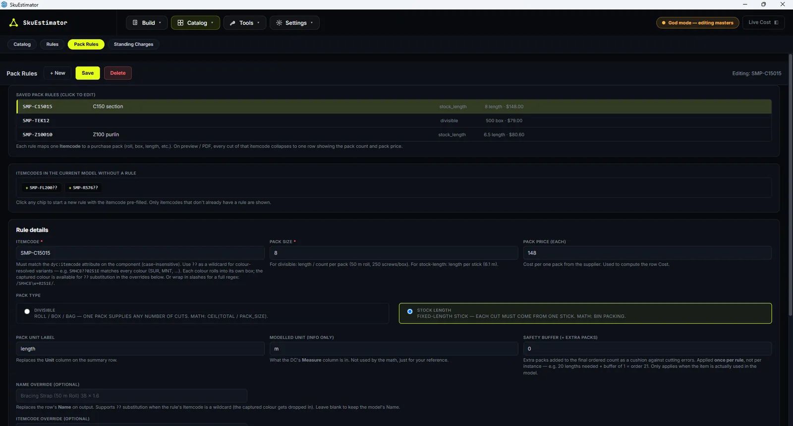 Pack Rules editor showing a stock-length rule for SMP-C15015 with pack size 8 and pack price 148
