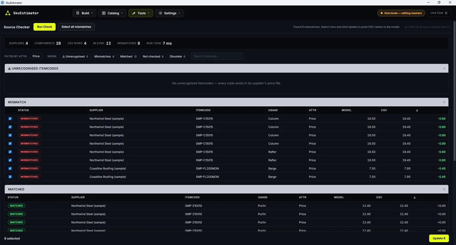 Source Checker listing eight price mismatches between the model and supplier CSV files, all ticked for update