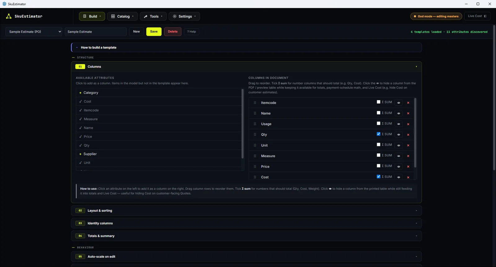 Template editor showing available attributes and the columns chosen for the document